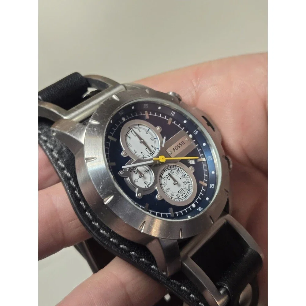 Fossil Blue Dial Chronograph Watch with Black Strap and Yellow Accents